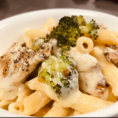 Lunch special Chicken and Broccoli Alfredo.