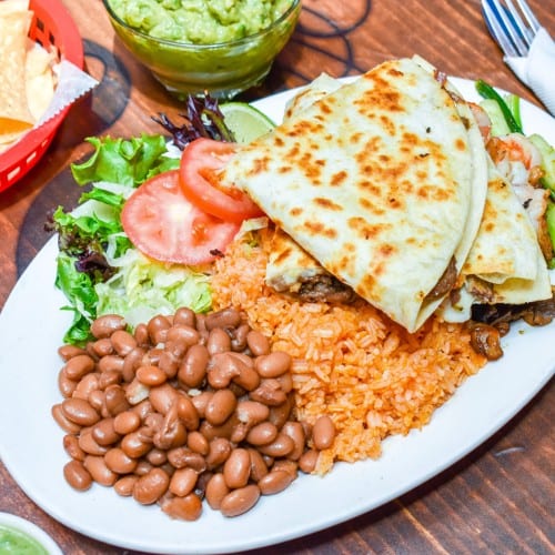 6. Quesadilla Suiza, Prawns and Grilled Mushrooms Combo Platter.