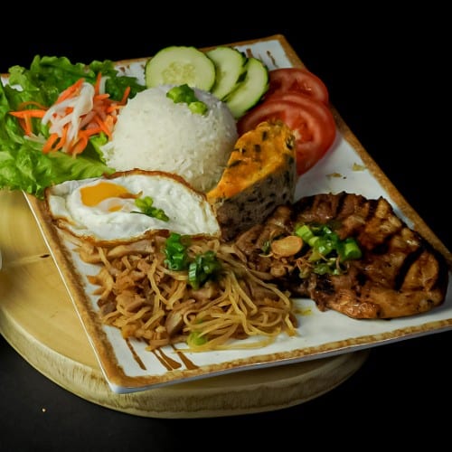 2C Pork Chop, Sugarcane Shrimp, Shredded Pork, Sunny Side Up Rice Dish.