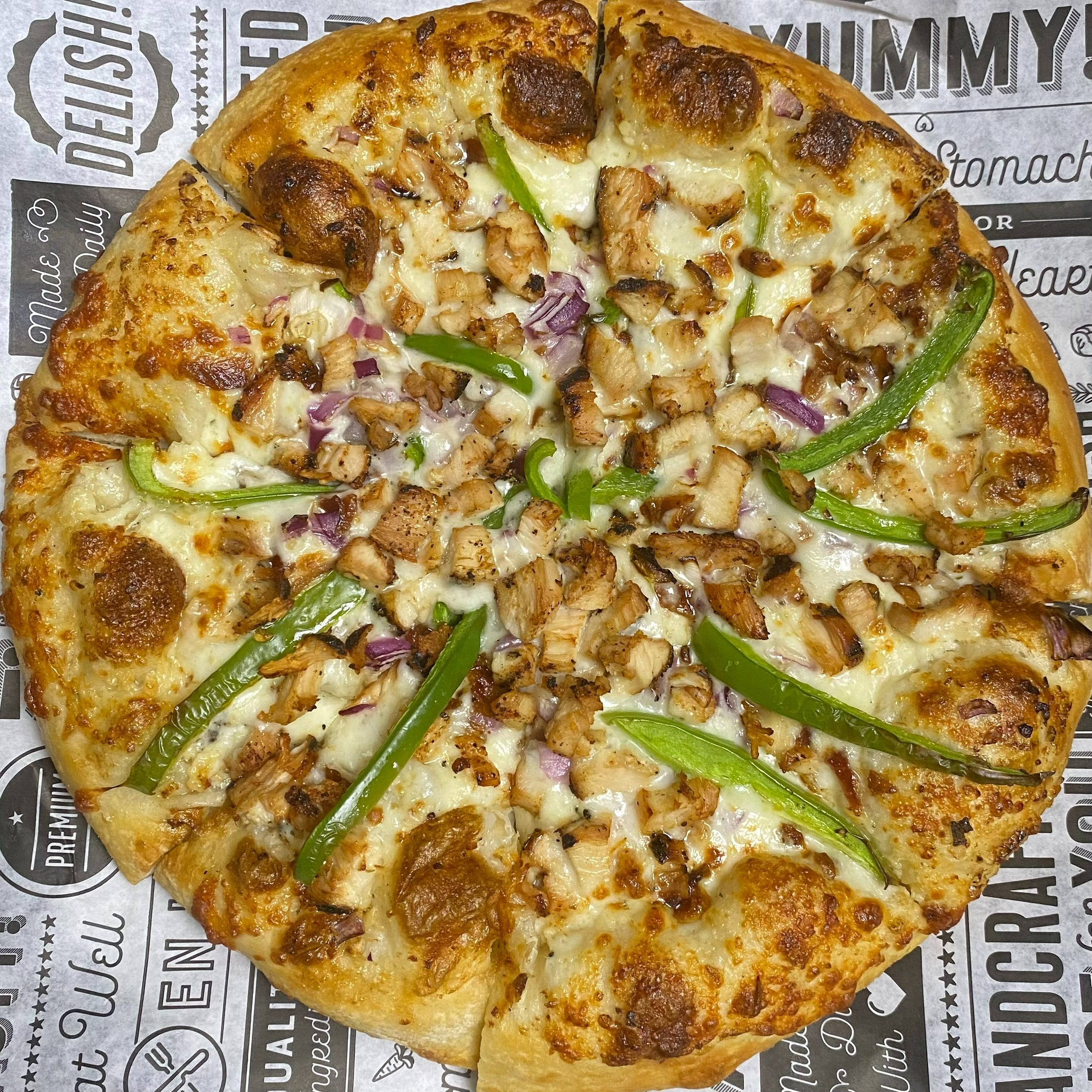 White garlic chicken Neapolitan pizza.