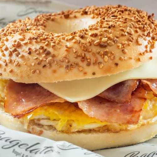 Egg Ham Cheese Bagel Sandwich.