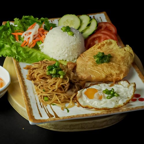 12C Sugarcane Shrimp, Shredded Pork, Sunny Side Up Egg Rice Dish.