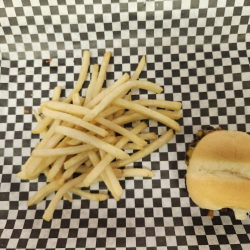 CHEESE BURGER SLIDER & FRENCH FRIES.
