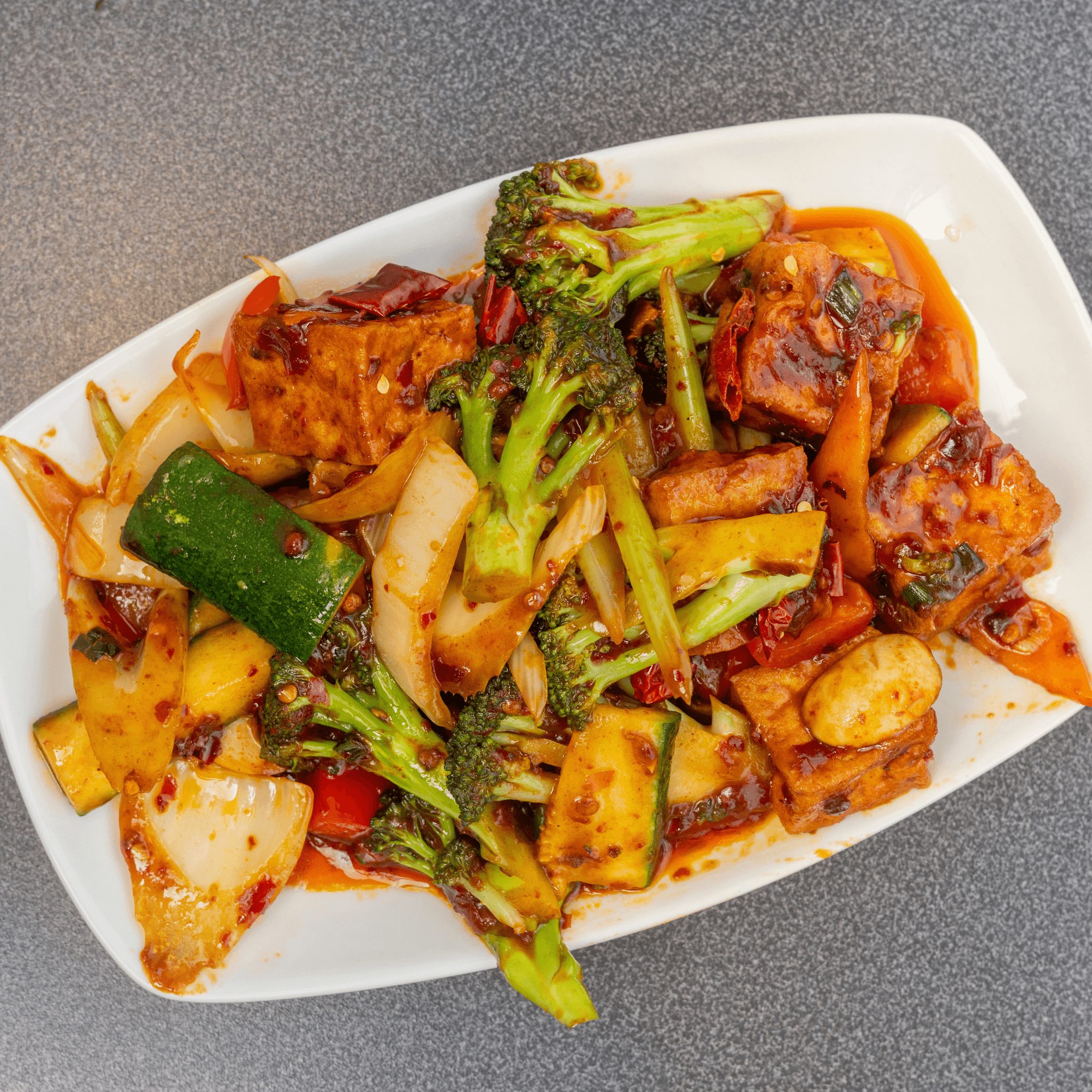 Mala Spicy Vegetables with Fried Tofu.