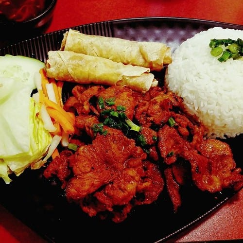 56. Com Thit Nuong Cha Gio / Grilled Sliced Pork & Egg Rolls Rice.