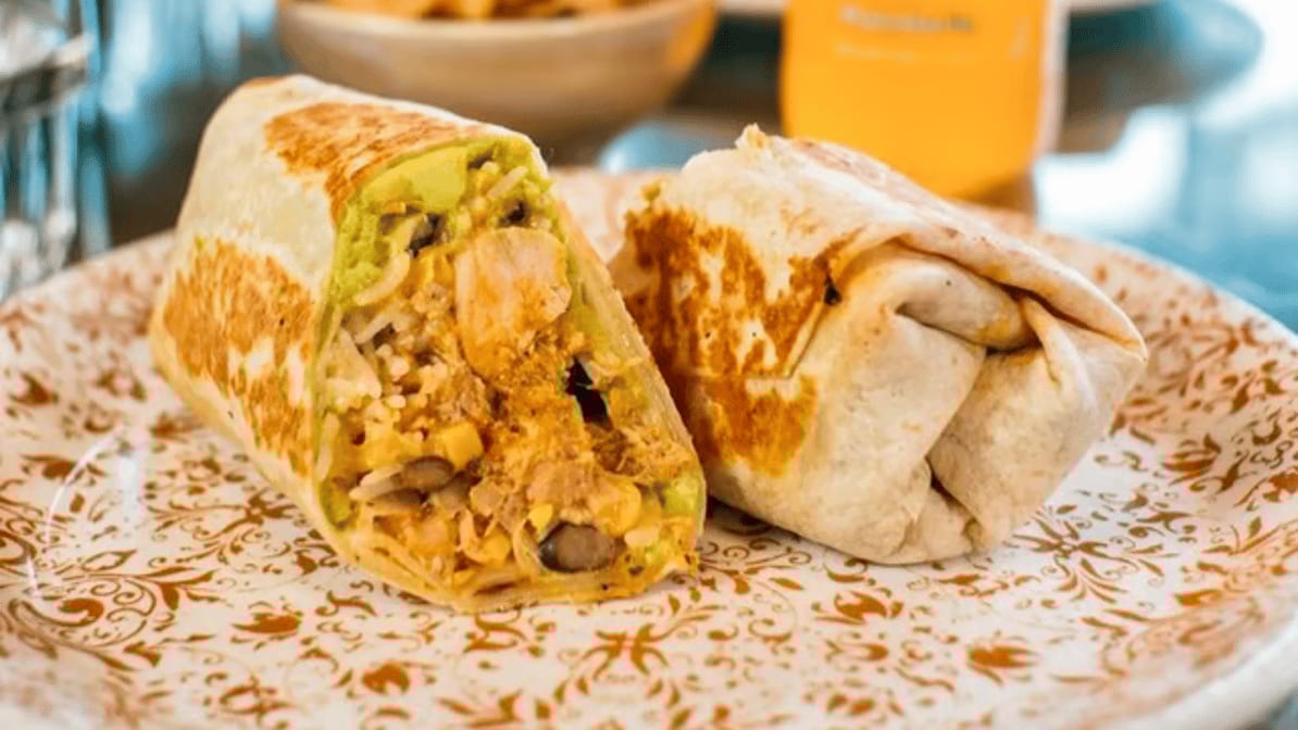 Spicy chicken tinga burrito.