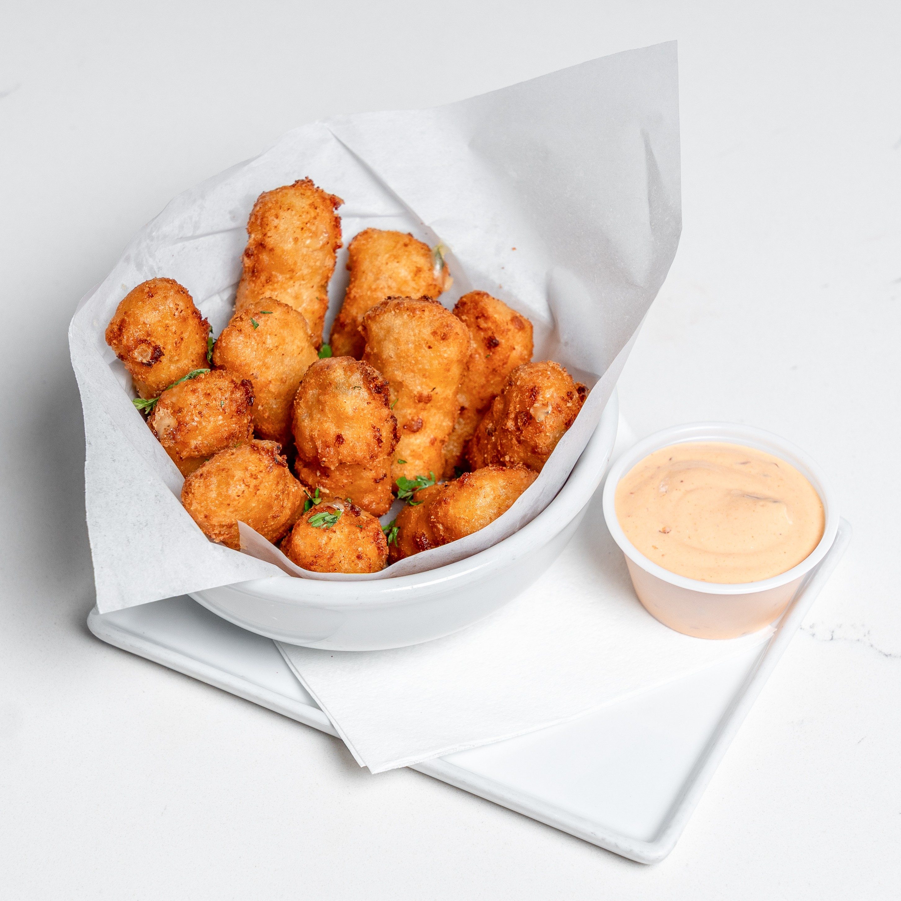 Macaroni & cheese pepper Jack creamy breaded bites brunch.