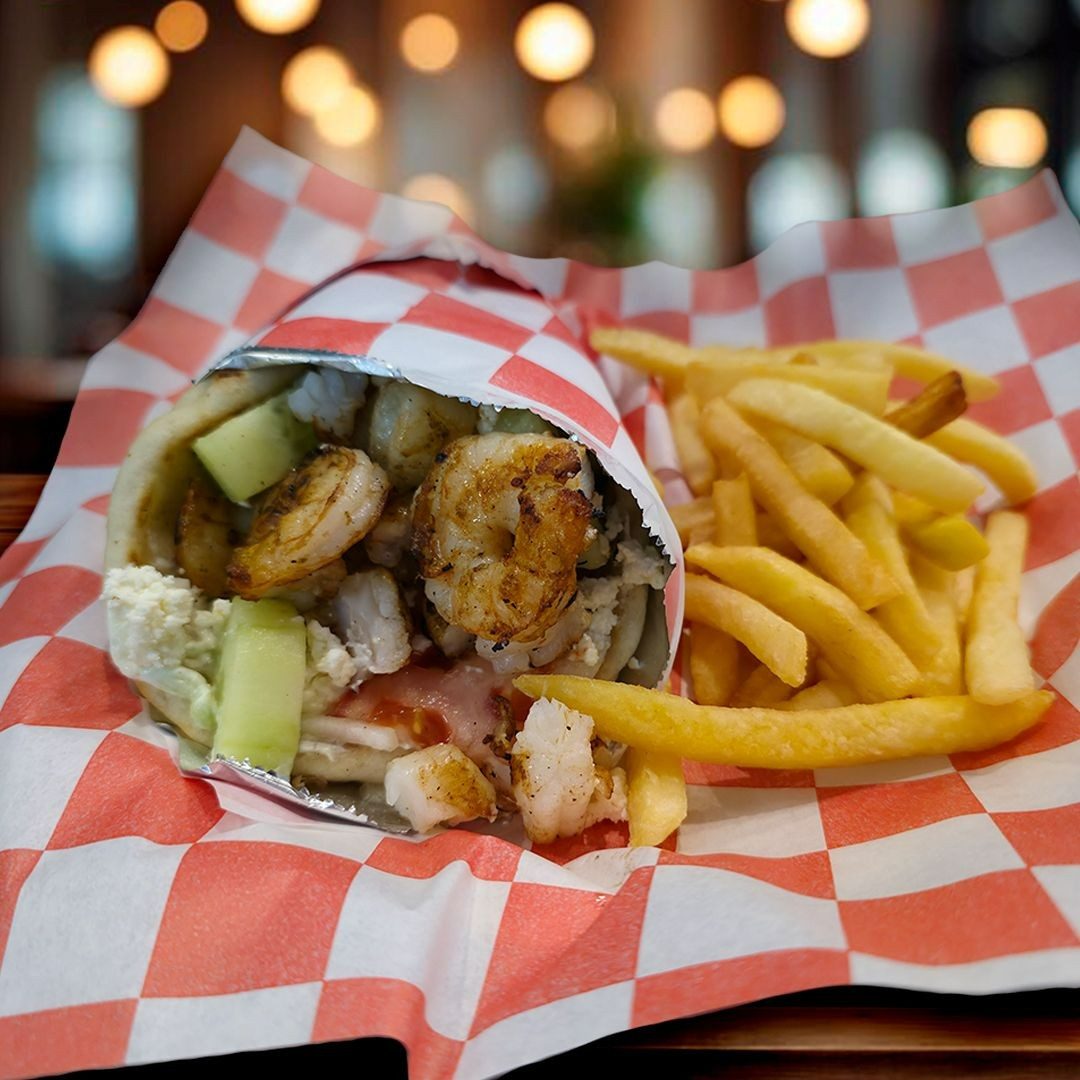 Greek Pita Wrap With Grilled Shrimp.