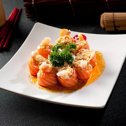 Salmon Sashimi with Spicy Shrimp & Crab.
