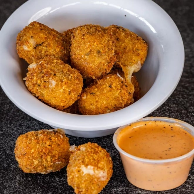 Fried pepper jack cheese cubes.