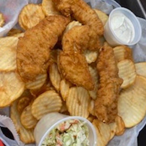Chicken Fingers Basket with fries and slaw.