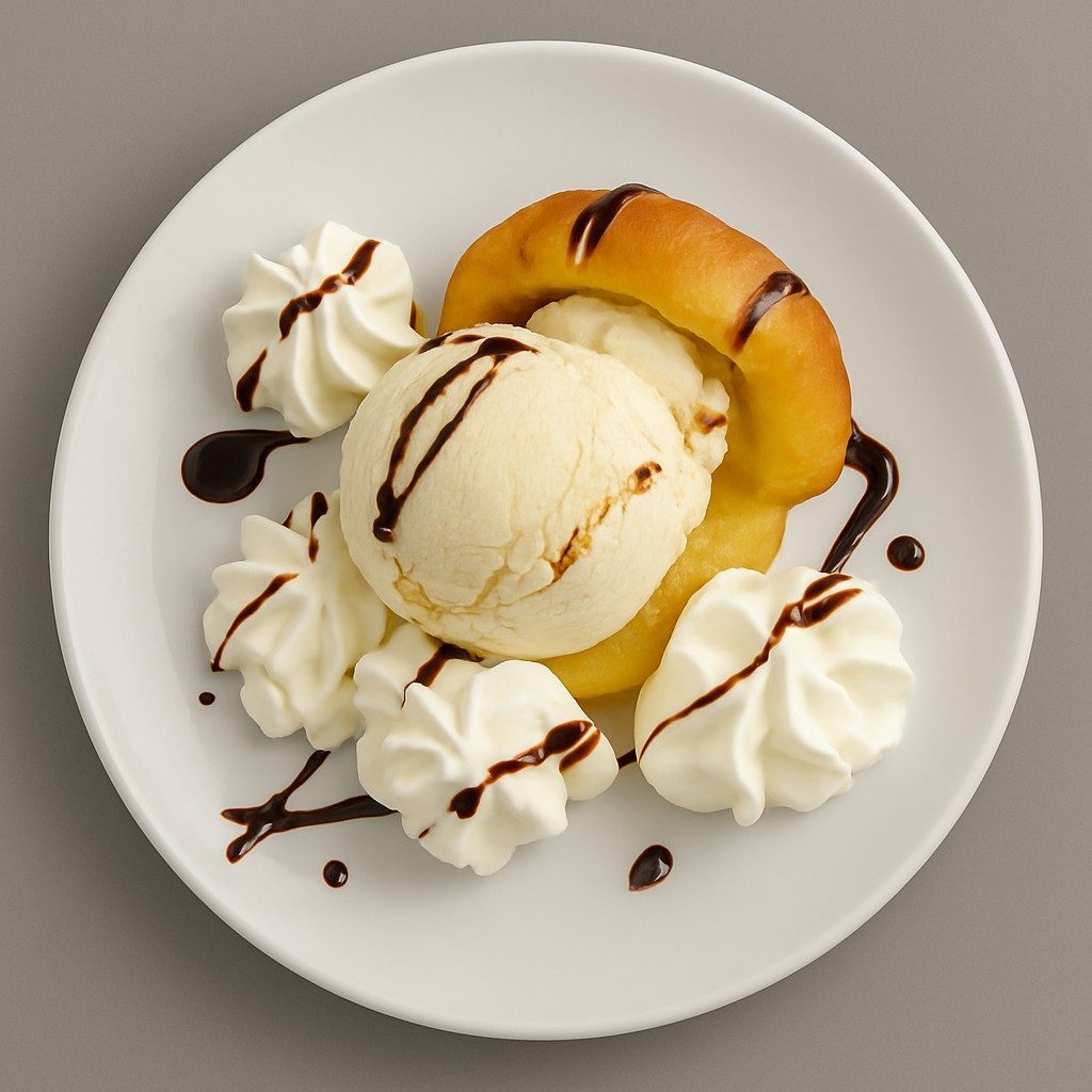 M8. Pumpkin Donut with Vanilla Ice Cream and Whipped Cream.