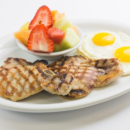 Grilled Pork Chops & Eggs Breakfast.