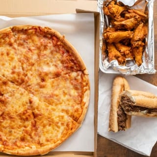 Lg Cheese Pizza 10 Fresh Cut Wings and a Lg Steak Sub for 45 $