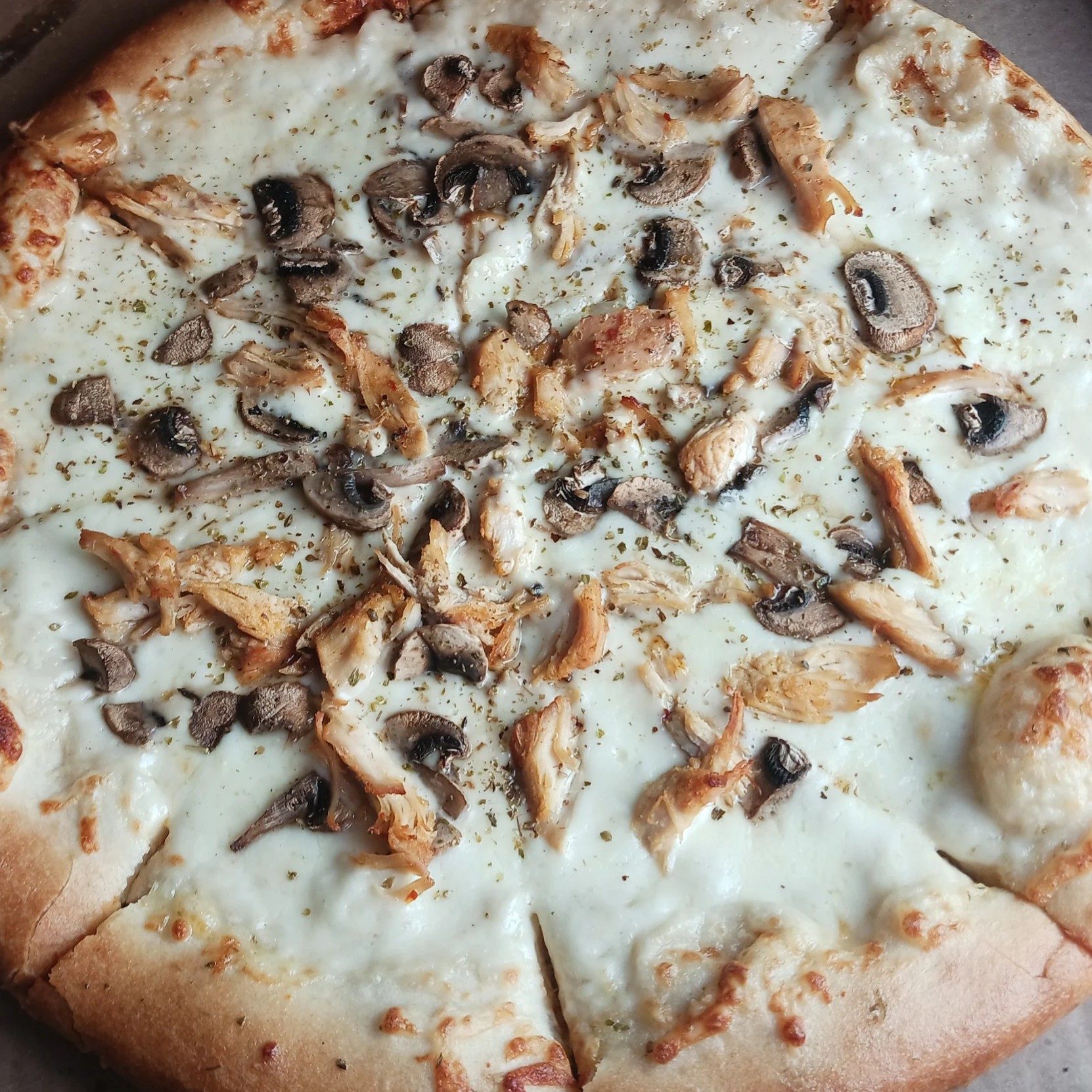 Chicken Alfredo Pizza.