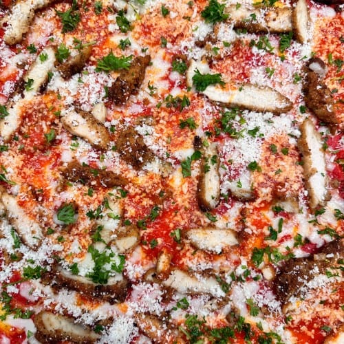 Chicken Parmesan Pizza With Red Sauce.