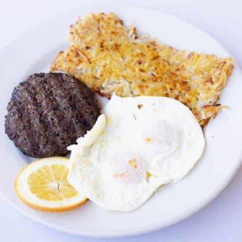 2 Eggs Any Style with Hamburger Patty.