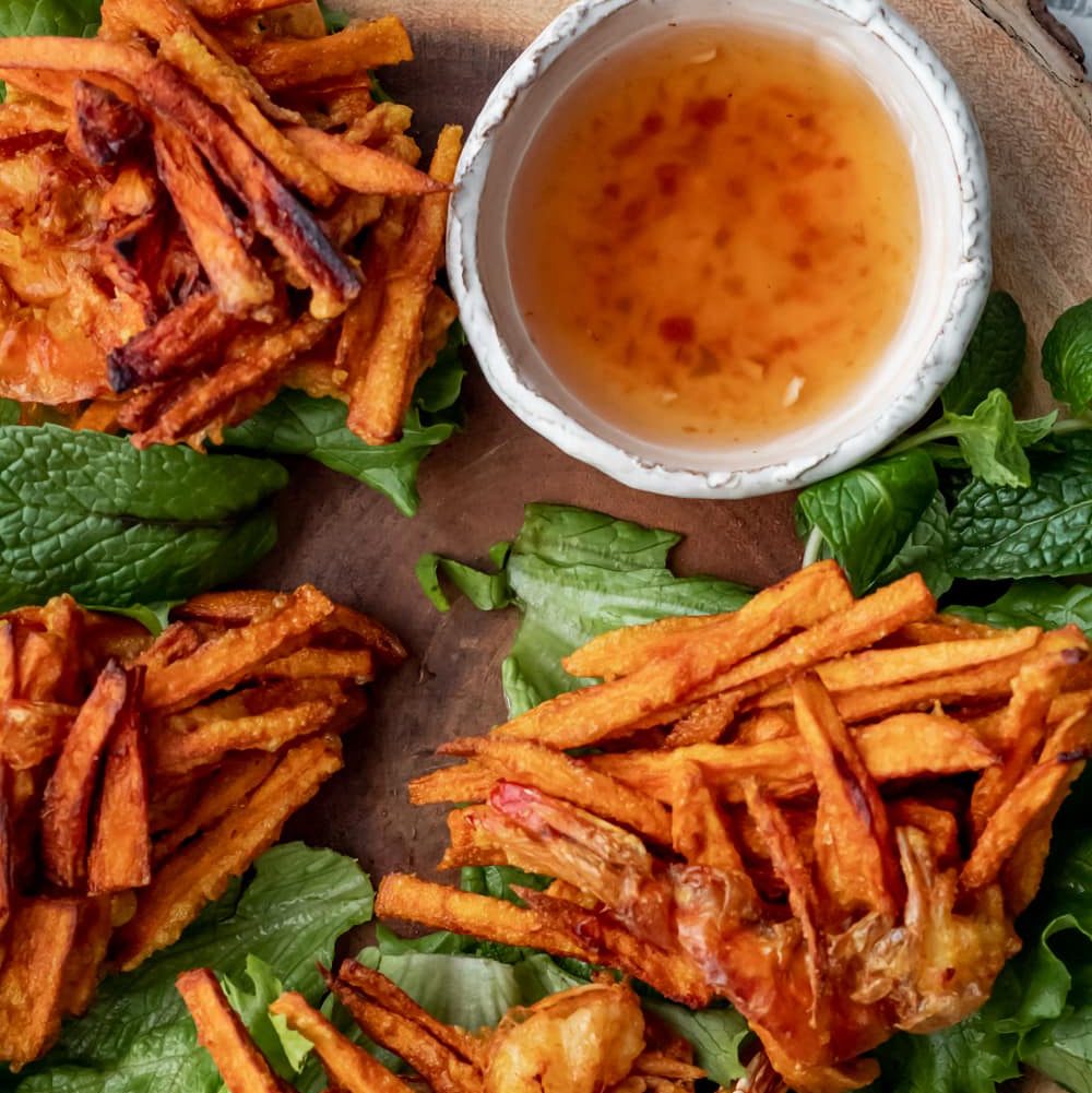 Sweet Potato and Fried Shrimp.