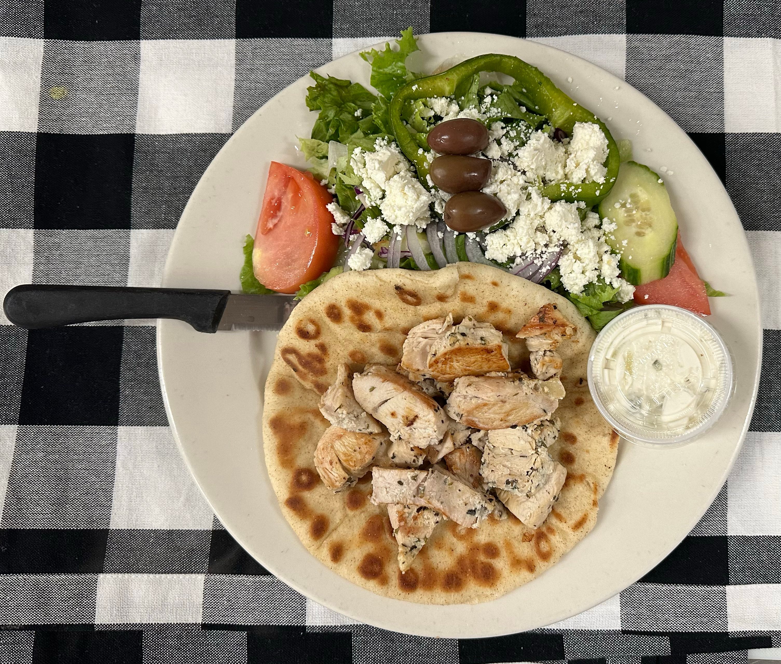 Chicken Souvlaki With Greek Salad.