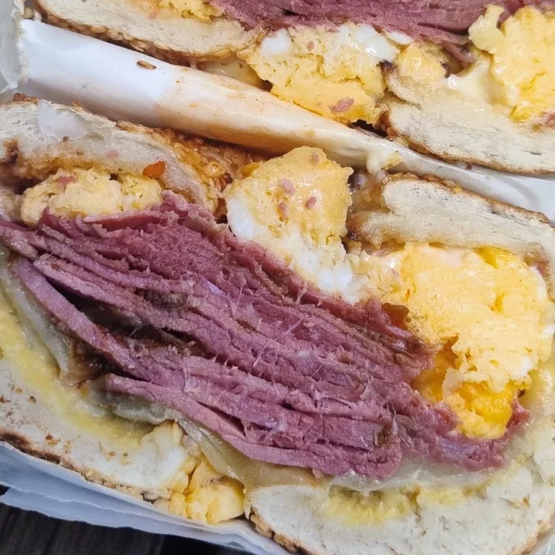 Pastrami and 2 Eggs on a Roll.
