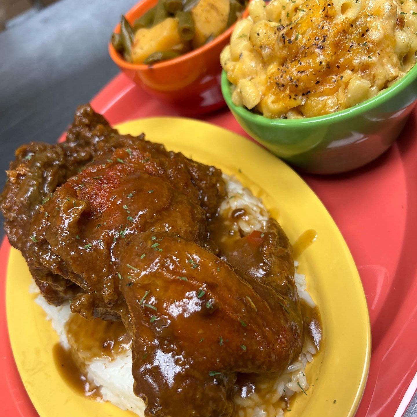 Smothered Chicken Dinner with Rice.