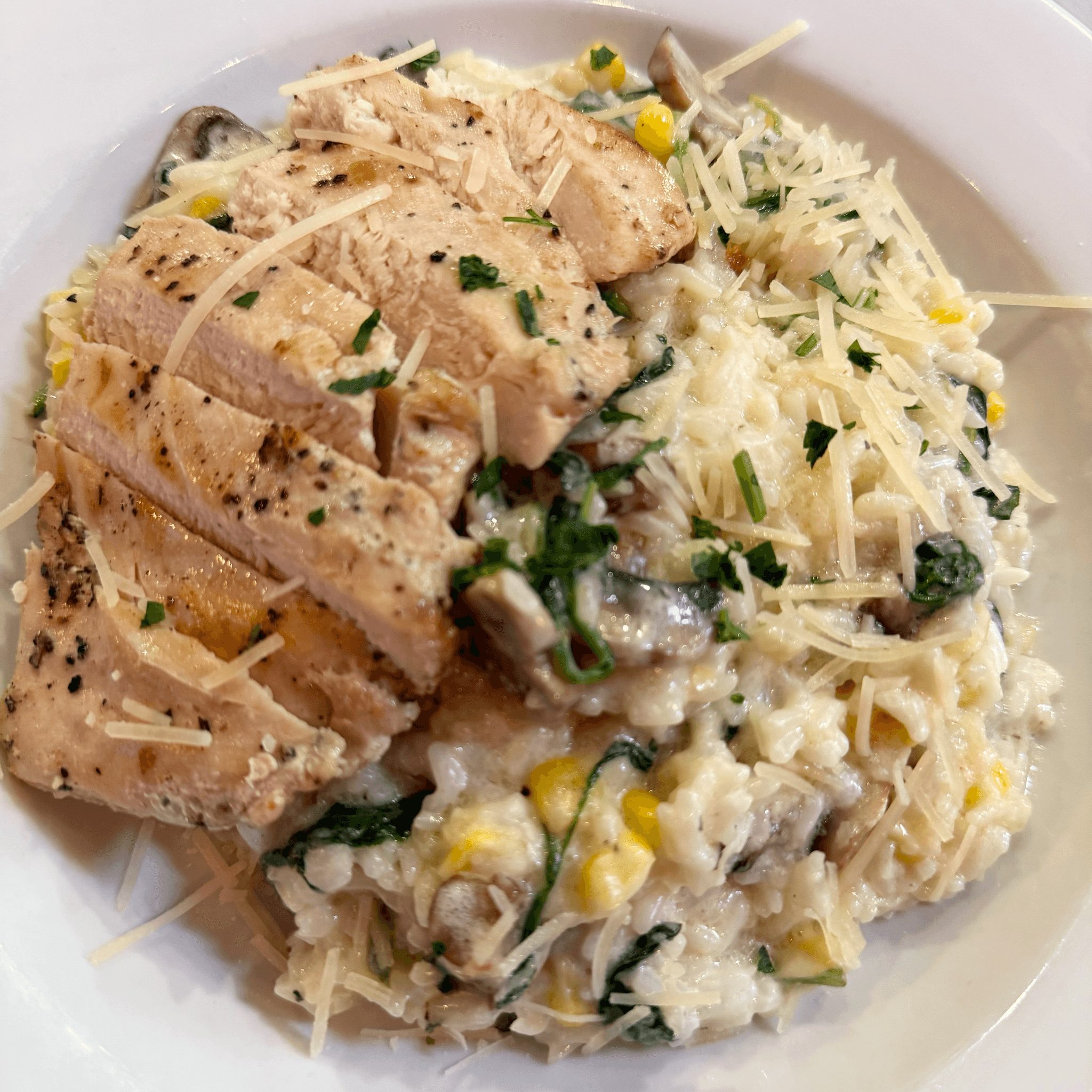 Mushroom risotto with chicken.
