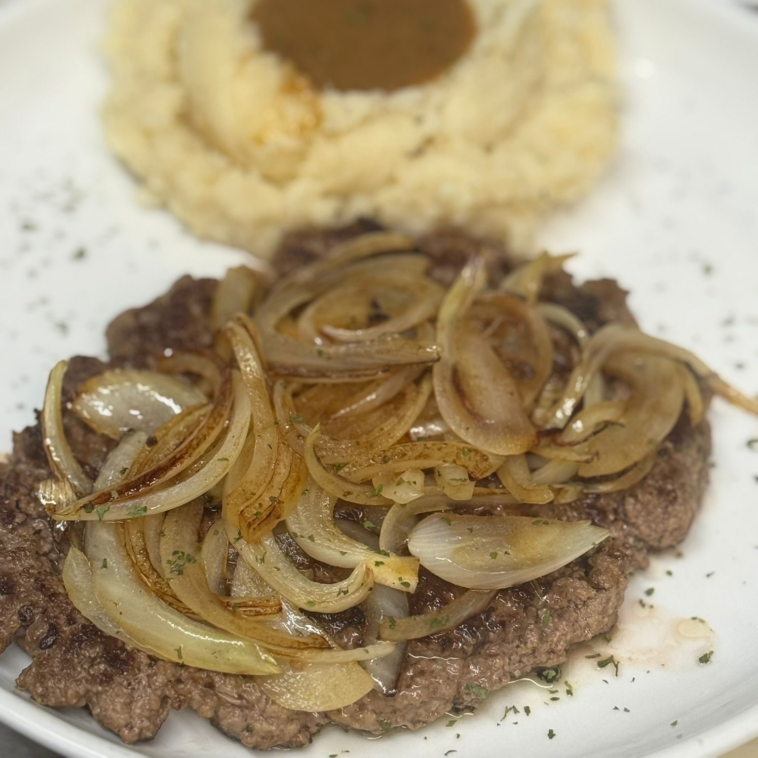 Chopped Steak  with Grilled Onions Dinner.