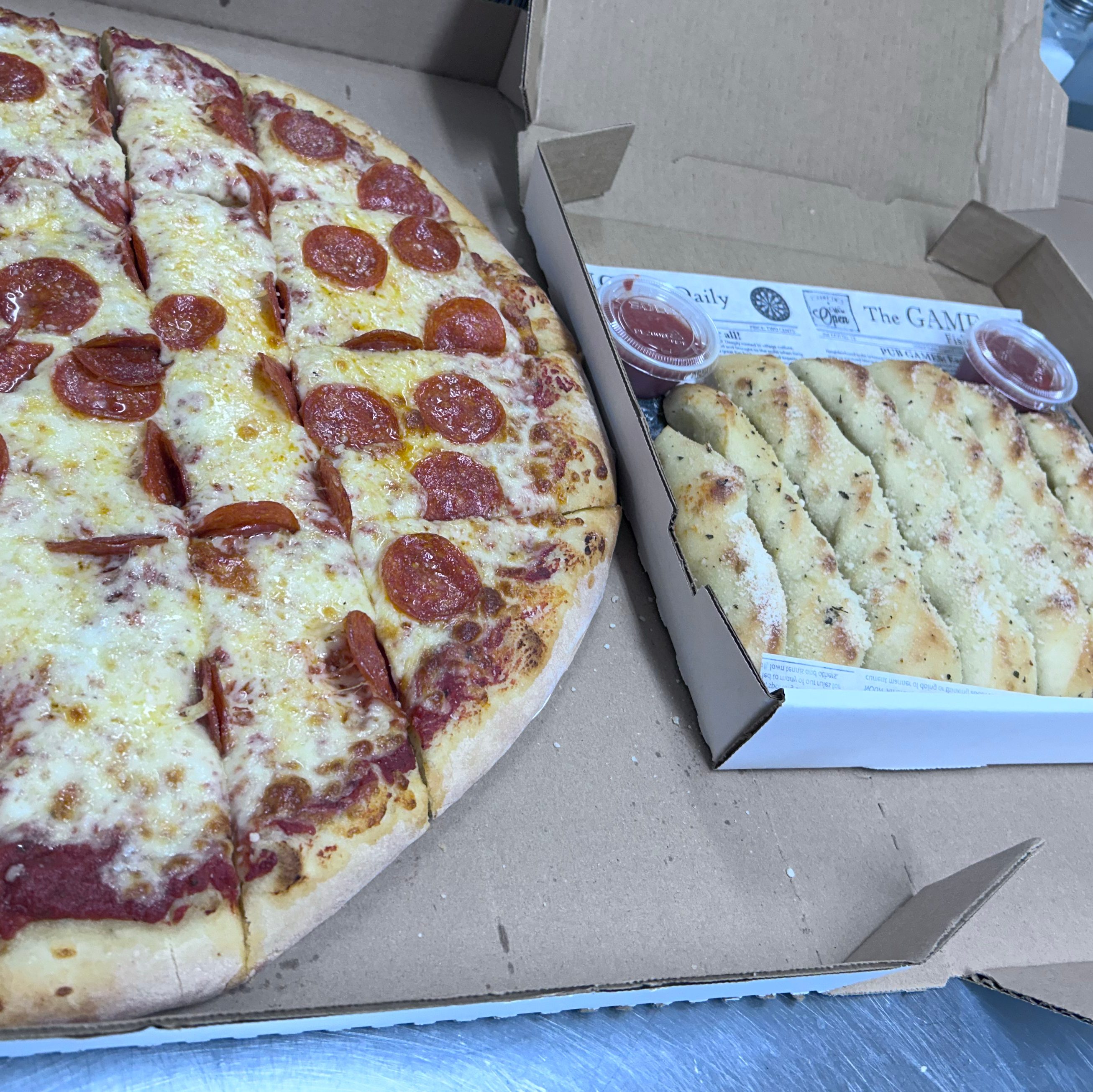 20" Pepperoni & large Bread Stix (NO ADDITIONAL TOPPINGS OR SUBSTITUTIONS ALLOWED).