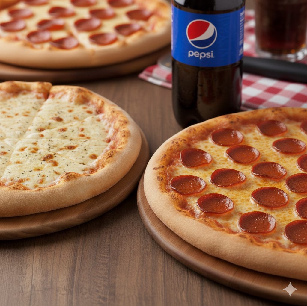 1 Large Cheese Pizza + 1 Large Pepperoni Pizza  + Soda of 2L.
