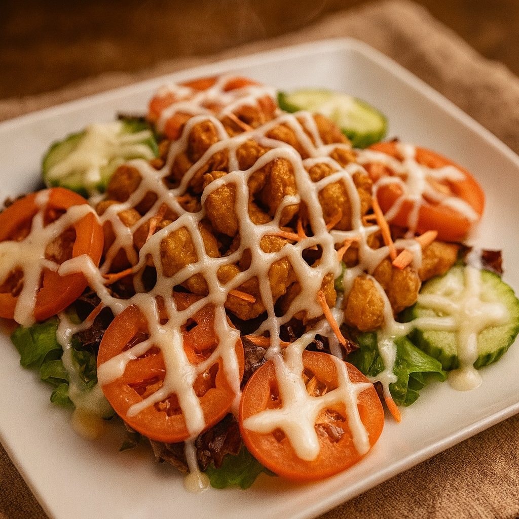 Batter fried chicken salad.