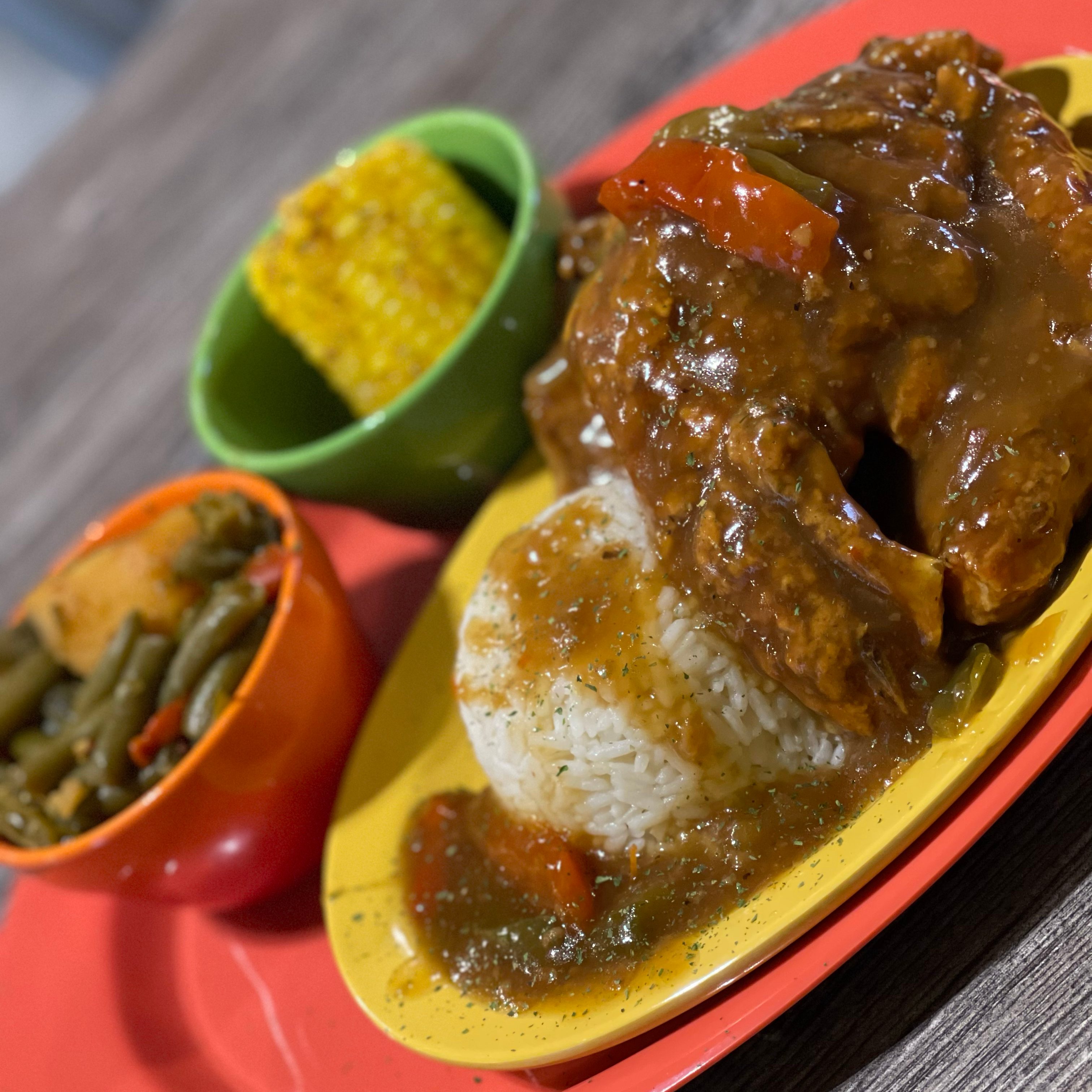 Smothered Turkey Chops with White Rice.