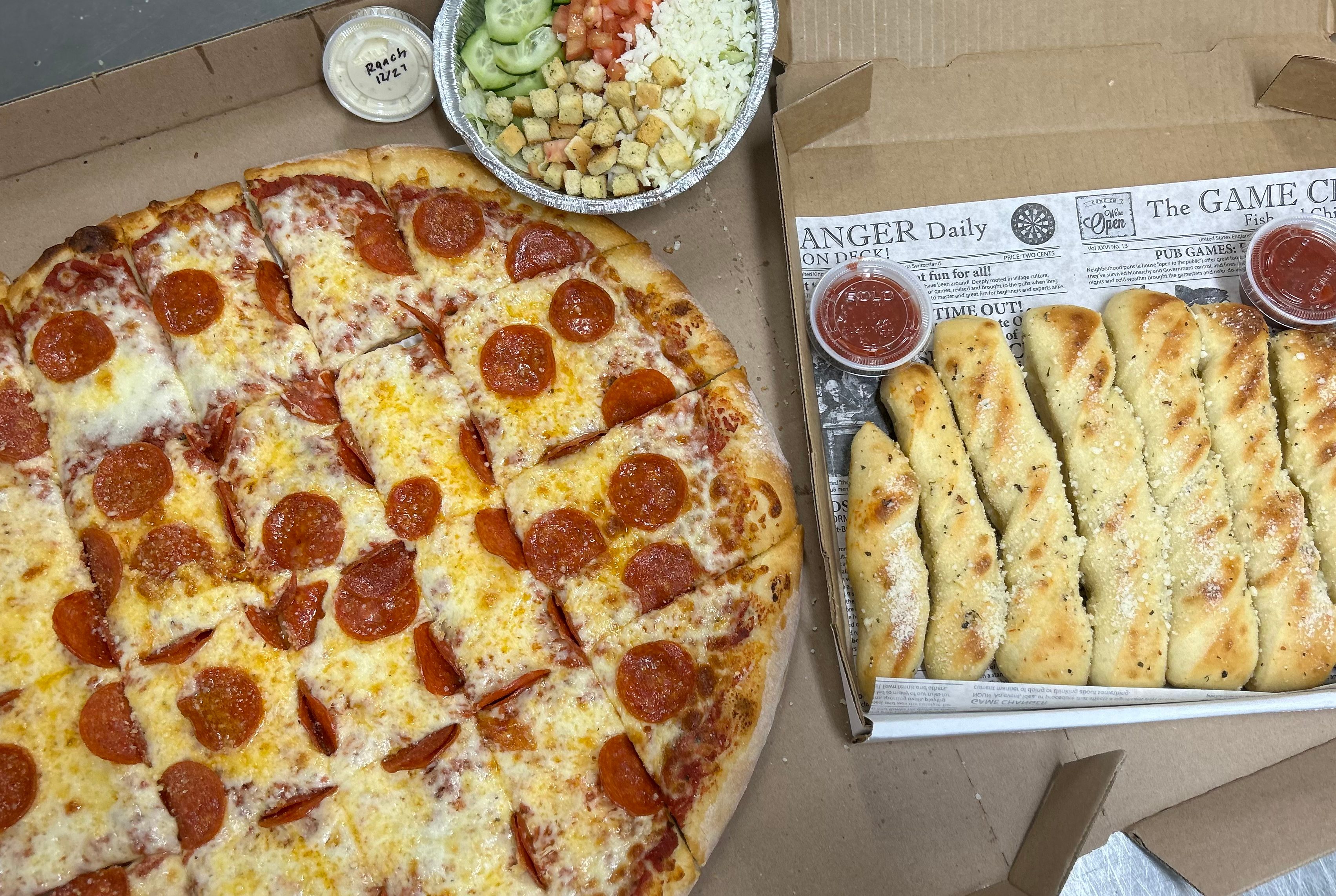 20" Pizza 3 topping, Large Bread Stix and small Salad (NO ADDITIONAL TOPPINGS OR SUBSTITUTIONS ALLOWED).
