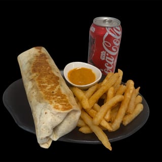 Sharjah Falafel Pita Wrap With Fries & 12oz Soda Can ( Falafel On Pita Bread, Lettuce,Onion, Tomato, Pepper, Tzatziki Sauce)