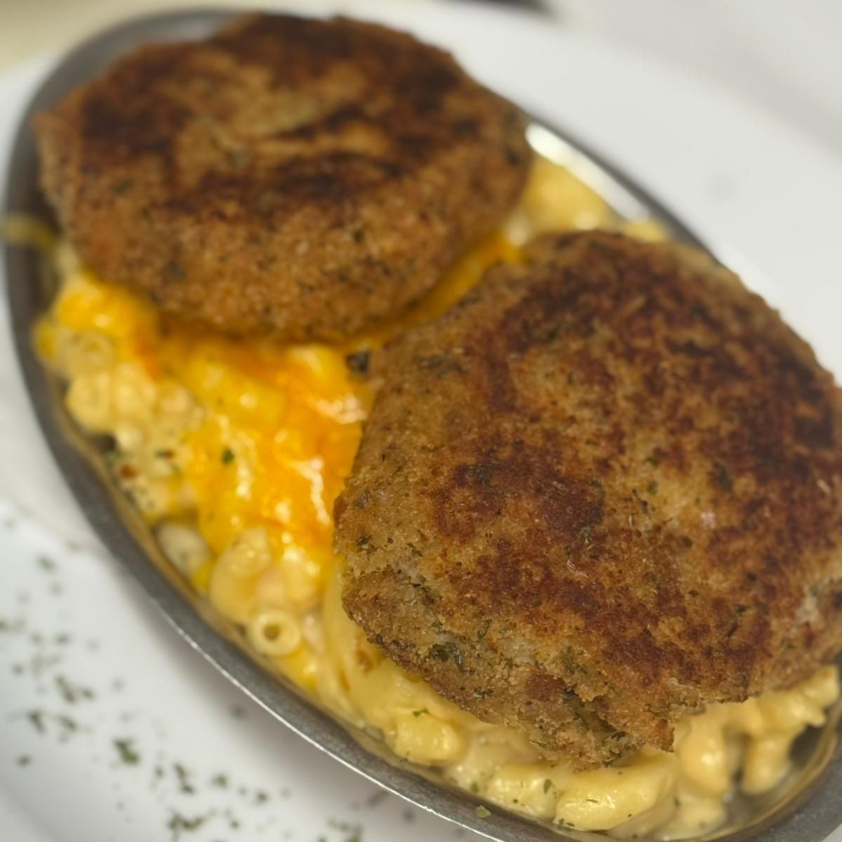 Baked Mac and Cheese  with Fish Cake or Pulled Pork.