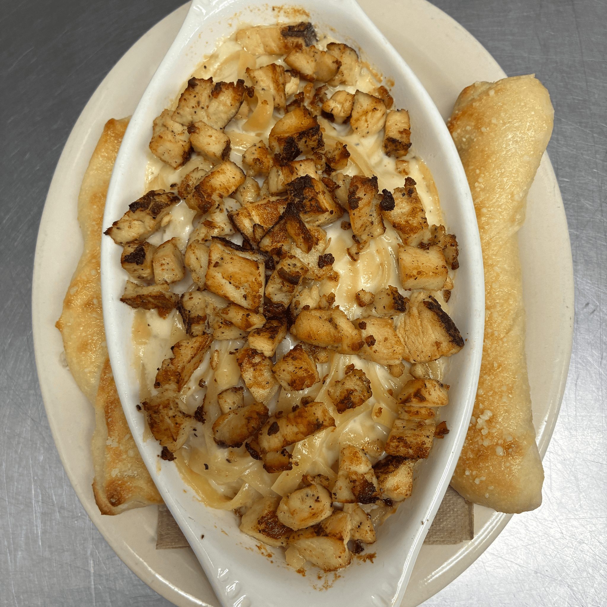 Blackened Chicken Alfredo Pasta.