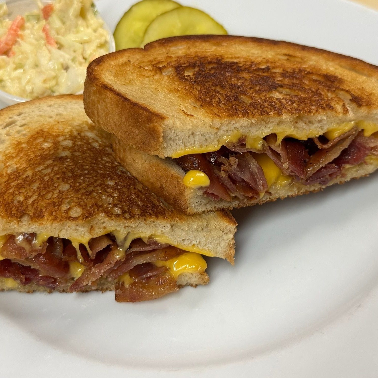 Grilled American Cheese with Bacon Sandwich.