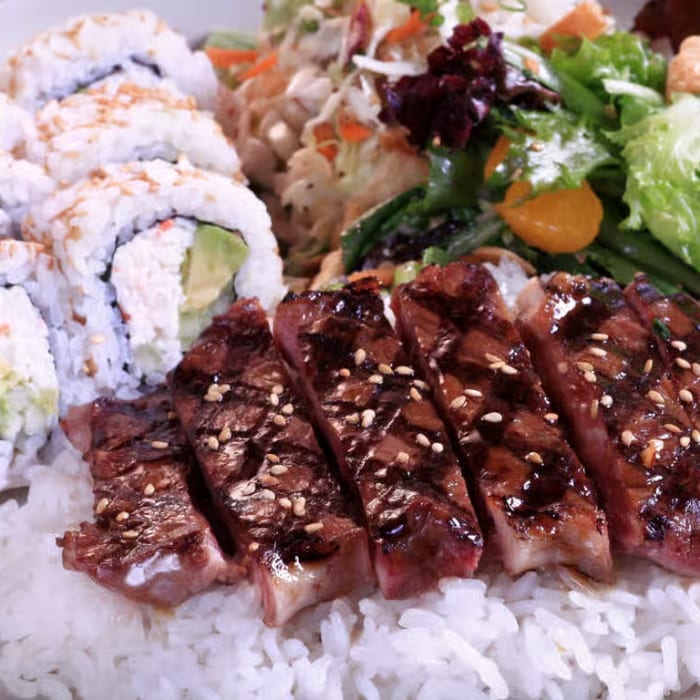 California Roll (6 Pieces) and Steak Plate.