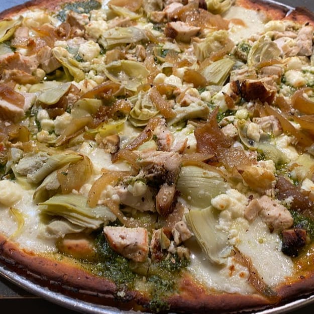 Pesto Chicken Cauliflower Pizza.