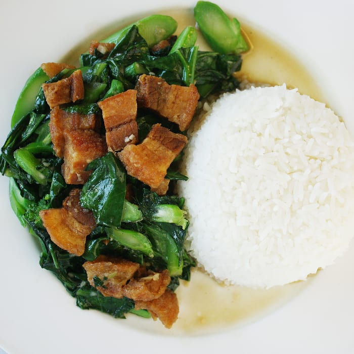 50. Fried Pork Belly with Broccoli over Rice.