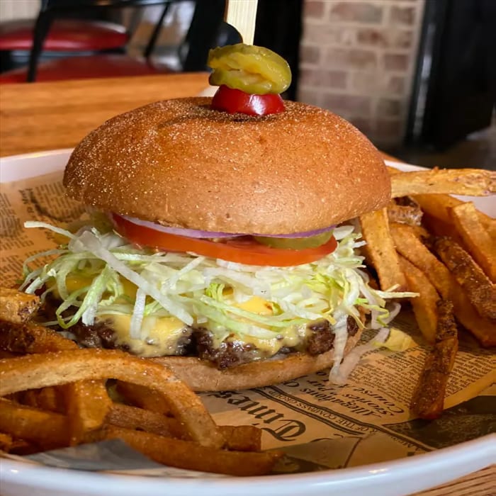 Flips Famous Big Cheesy Burger.