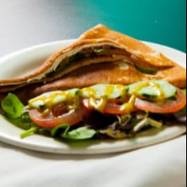 Turkey, Basil, Tomatoes, and Spicy Sauce Crepe.