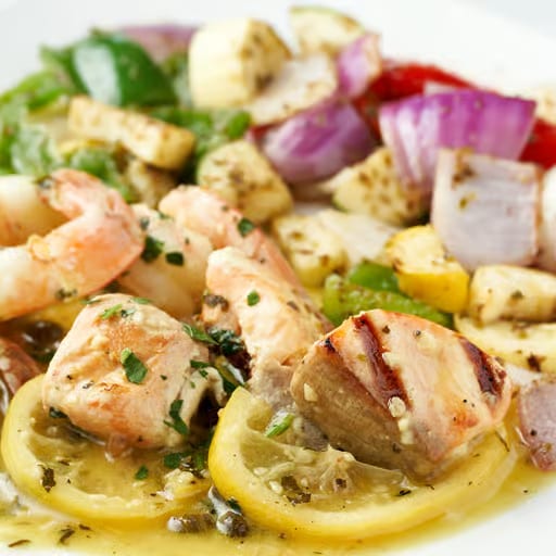 Salmon & Shrimp Kabob.