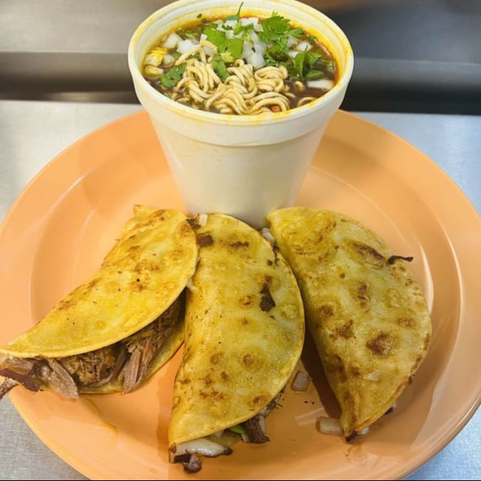 Tacos Birria (3) with Ramen.