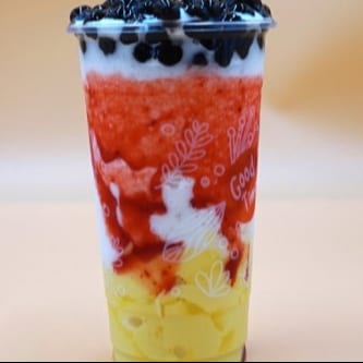 I08. Iced Milk Drink W/ Strawberry, Pudding, & Honey Boba.